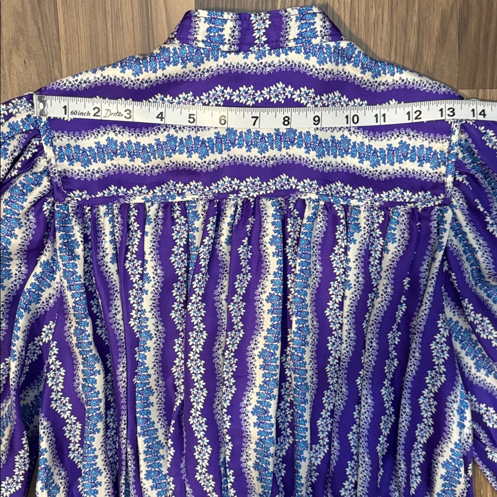 Sandro Silk Floral Stripe Purple Blue Balloon Sleeve Button Tie Cropped Blouse S - Picture 16 of 17